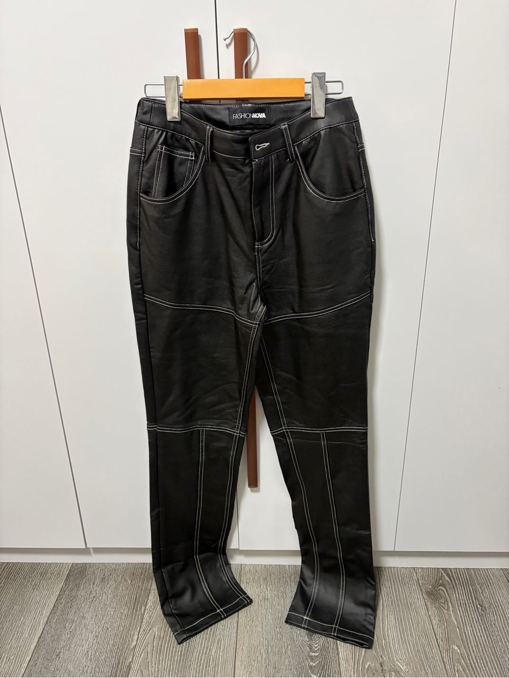 Fashion Nova Black Leather Pants with White Contrast Stitching